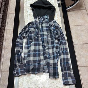 Blue and grey plaid button down shirt with hood